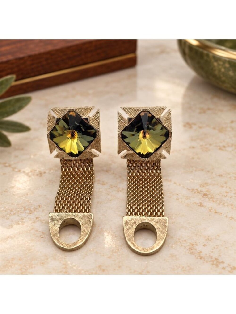 Green Yellow Volcano Rivoli Glass Mesh Wrap Cufflinks Gold Tone Vintage